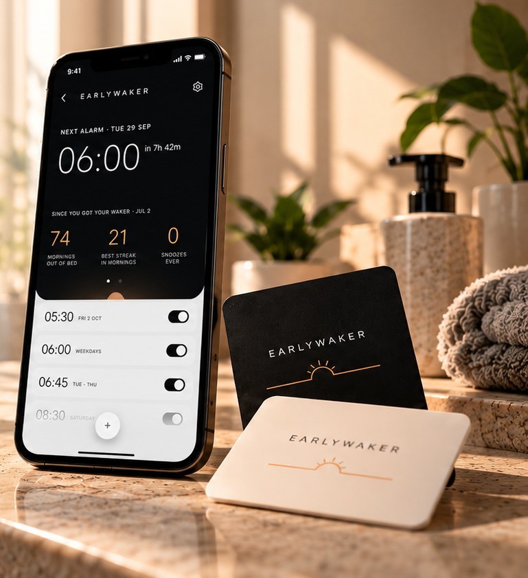 Phone showing the Earlywaker app next to a black and a cream Waker card