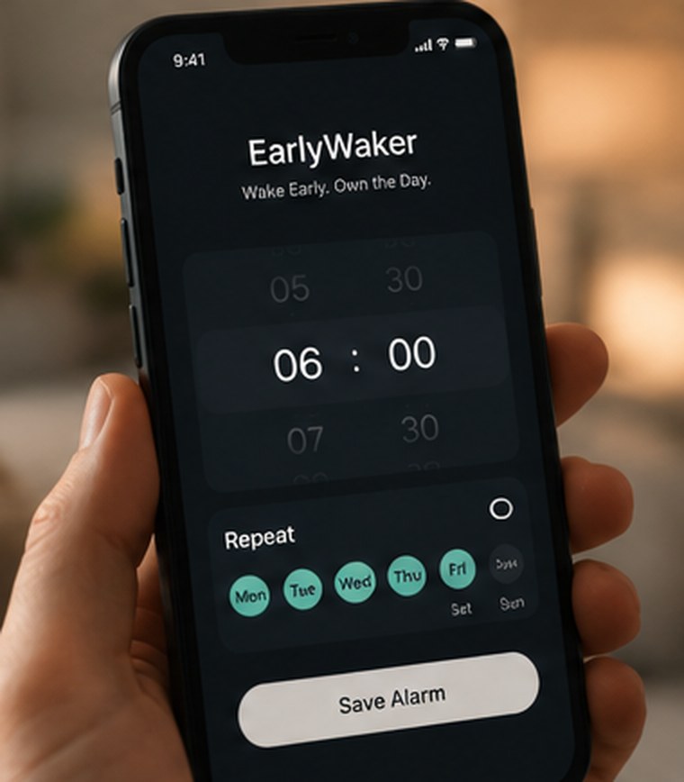 Hand holding a phone, setting an alarm for 06:00 in the app