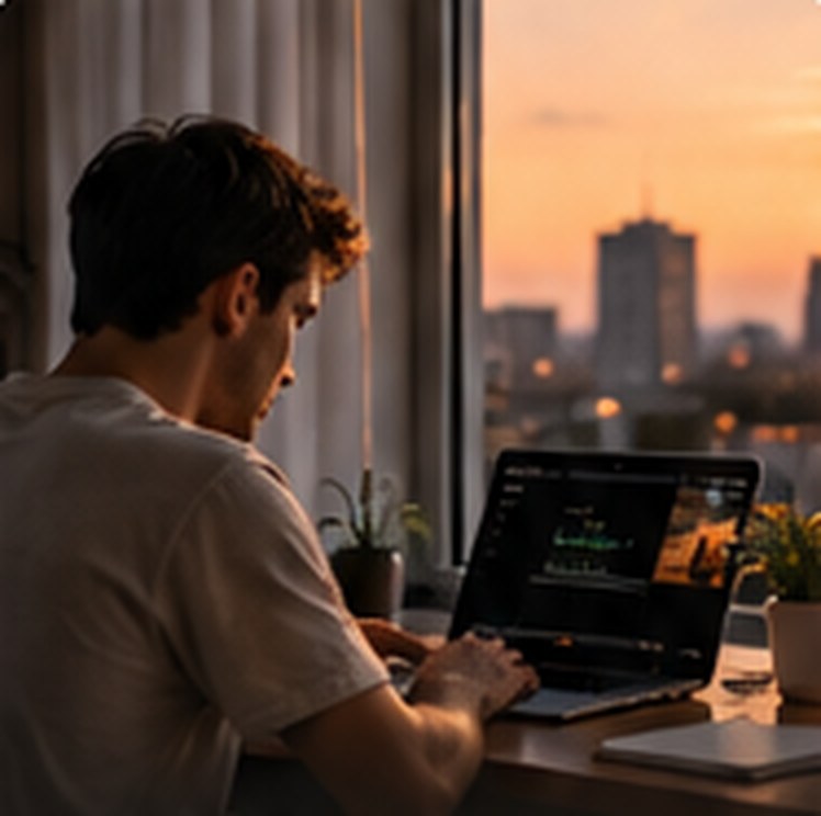 Man working on a laptop by a window at sunrise
