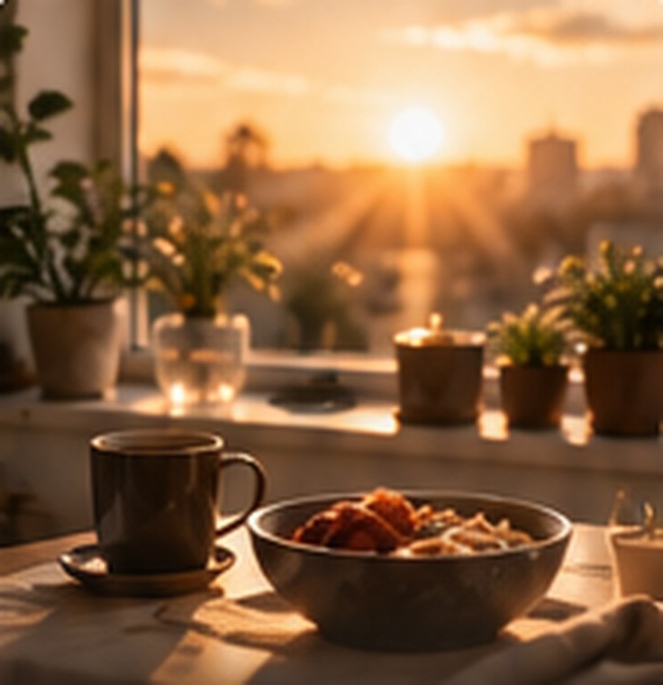 Coffee and breakfast on a table by a window at sunrise