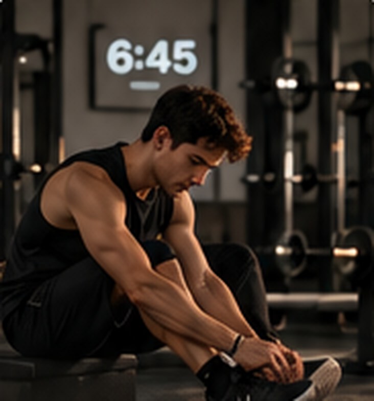 Man tying his shoes in a gym early in the morning