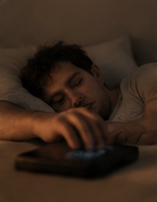 Man in bed reaching for his phone to snooze