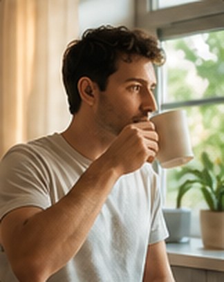 Man drinking coffee by a window in morning light