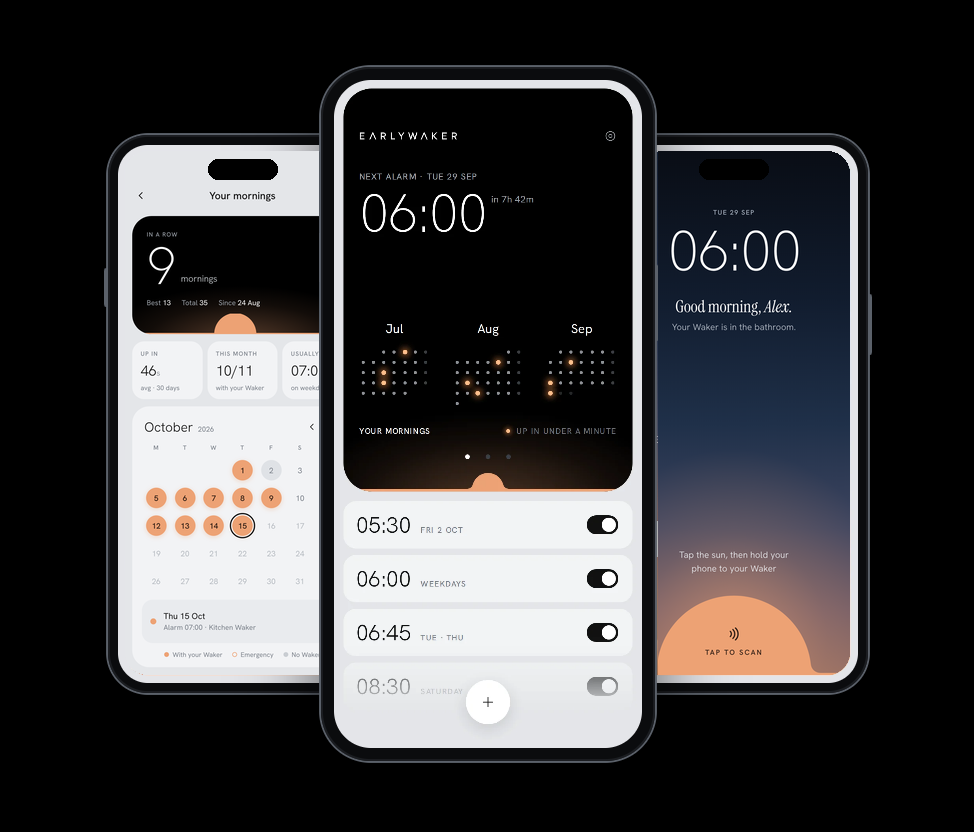 The Earlywaker app: your mornings with your streak and a calendar of the days you got up, home screen with your alarms, and the alarm ringing