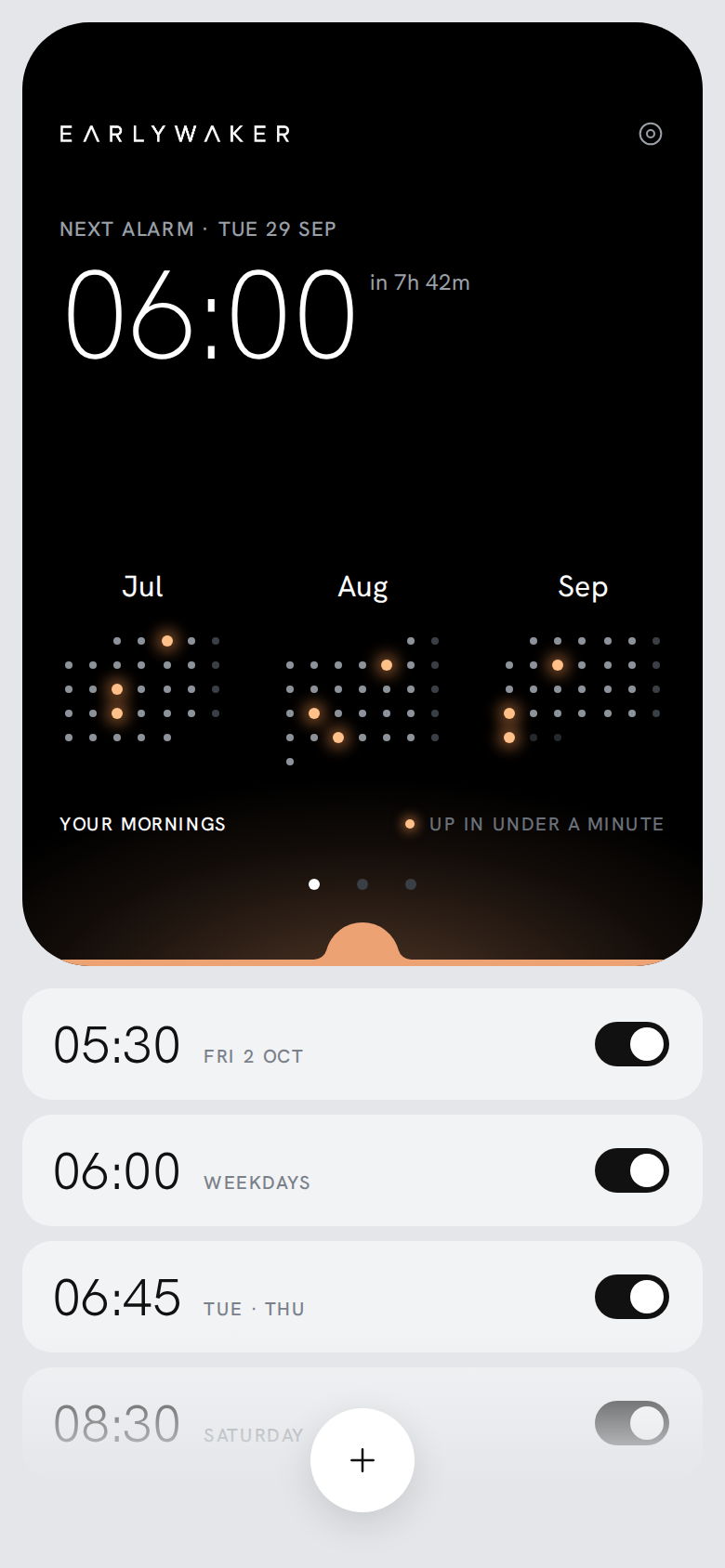 Earlywaker app: home screen with next alarm and morning calendar