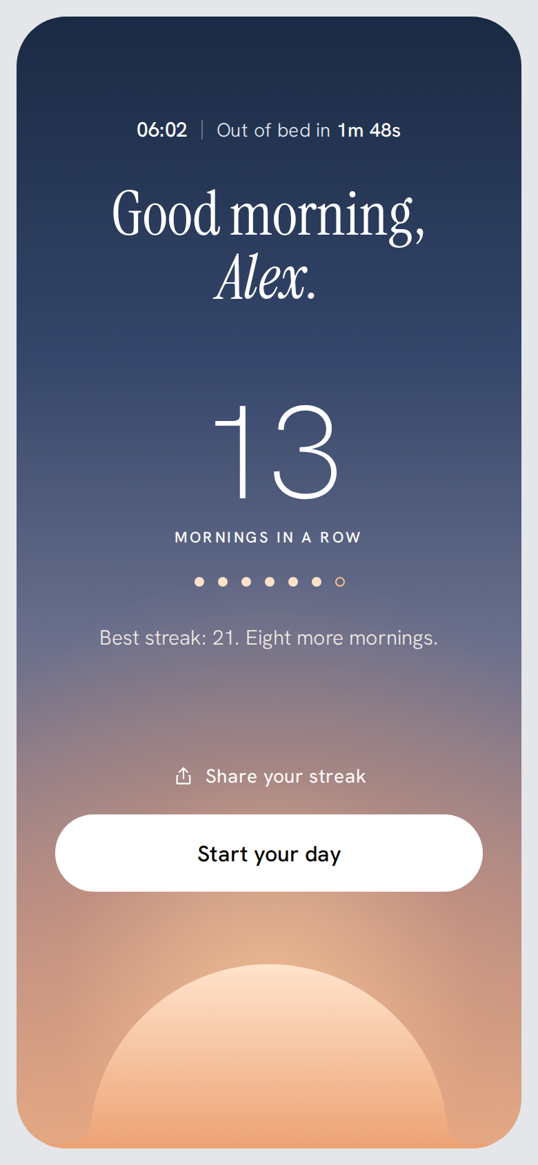 Earlywaker app: good morning screen with streak