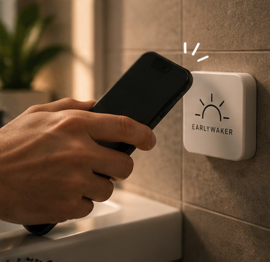 Hand holding a phone against a Waker on its stand, with the alarm on the screen