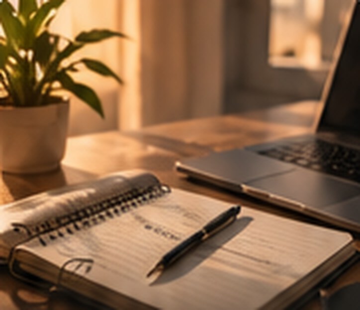 Open notebook and pen on a desk in morning light