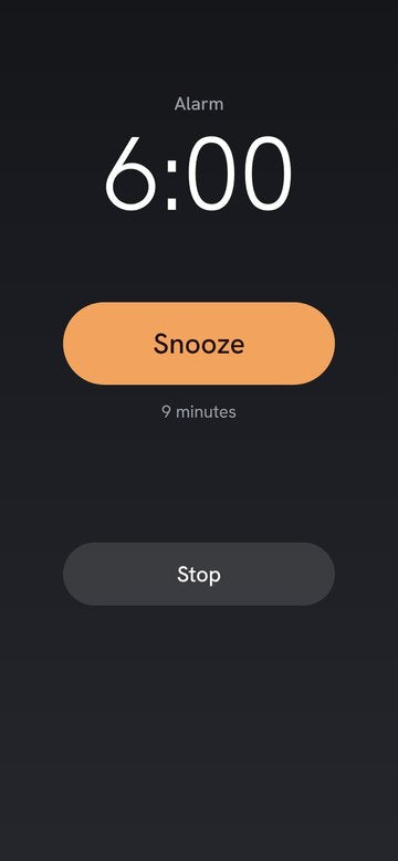 An alarm ringing at 6:00 with a big Snooze button.