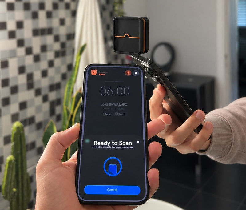 Tapping the phone on the Waker at dawn to stop the alarm